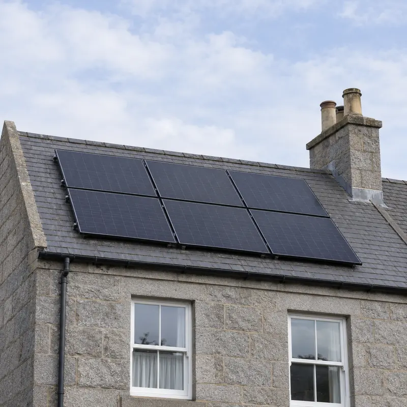 Solar panels on the slate roof of a granite house